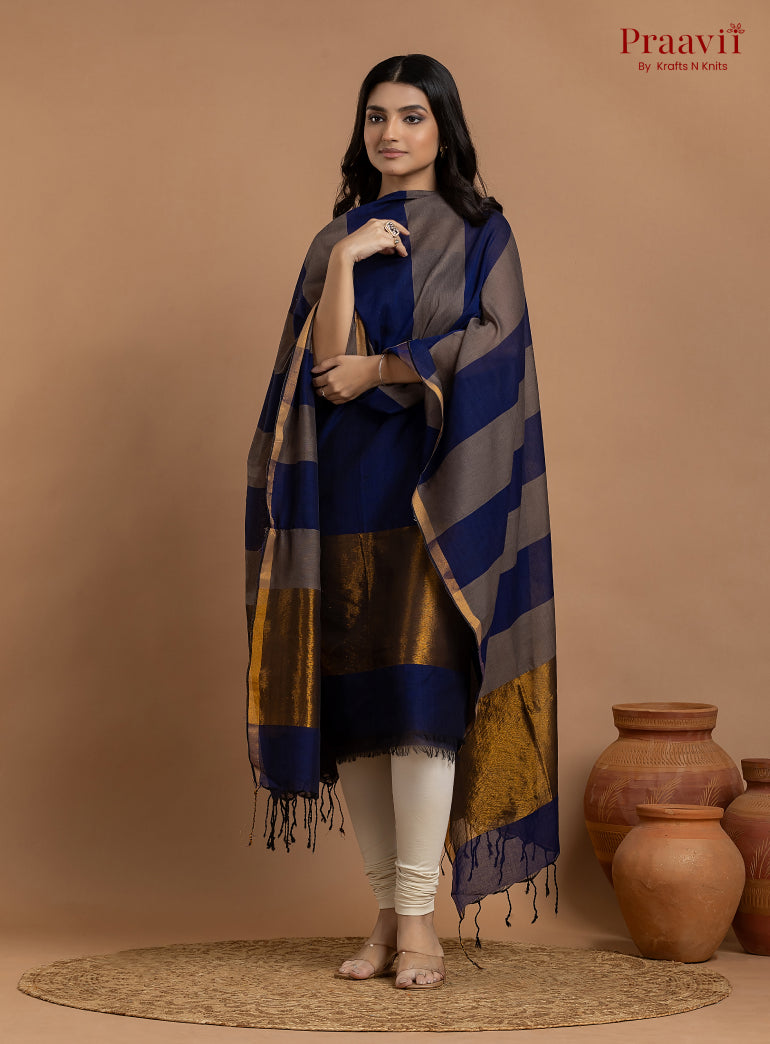 Blue & Grey Unstitched Cotton with Tissue 2-Piece Suit Set