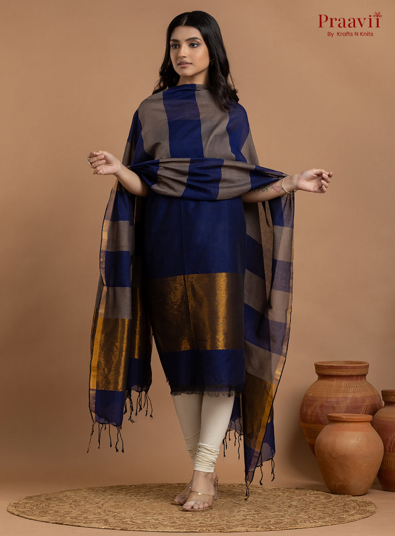 Blue & Grey Unstitched Cotton with Tissue 2-Piece Suit Set
