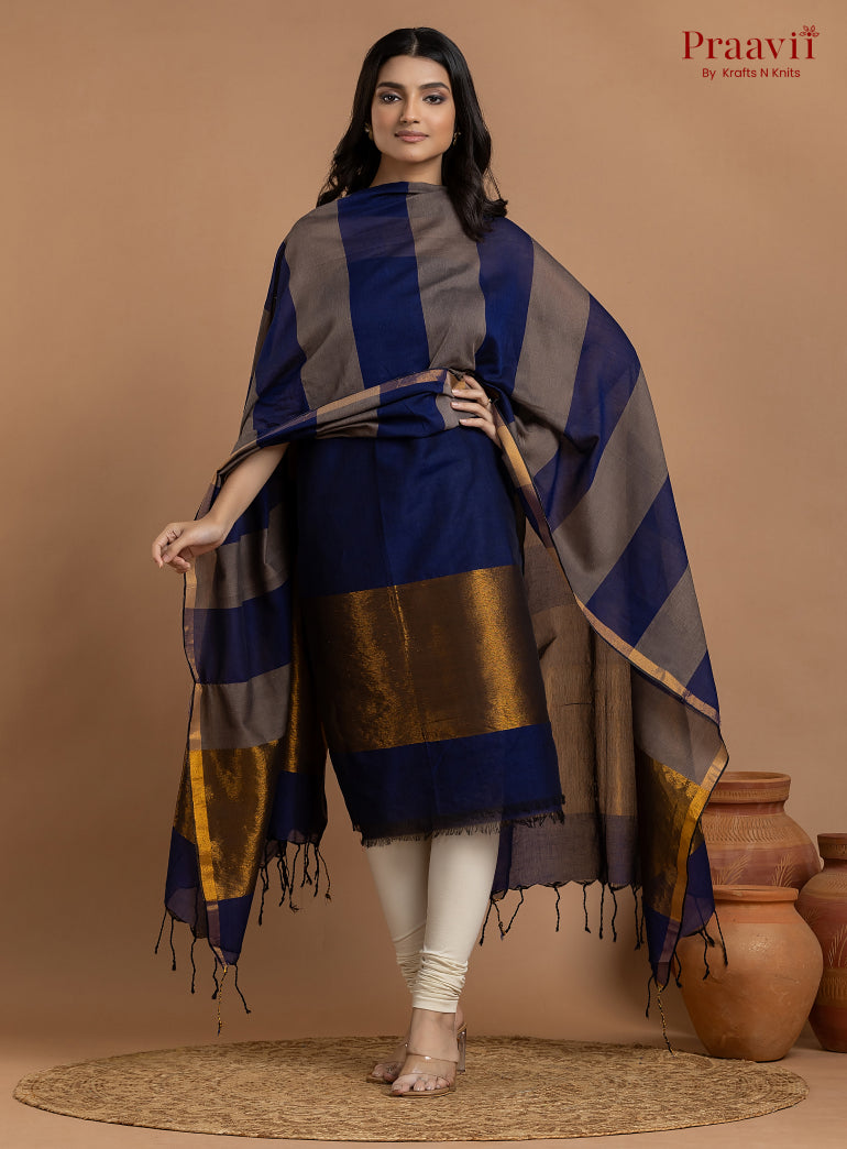 Blue & Grey Unstitched Cotton with Tissue 2-Piece Suit Set