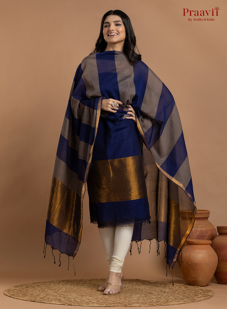 Blue & Grey Unstitched Cotton with Tissue 2-Piece Suit Set