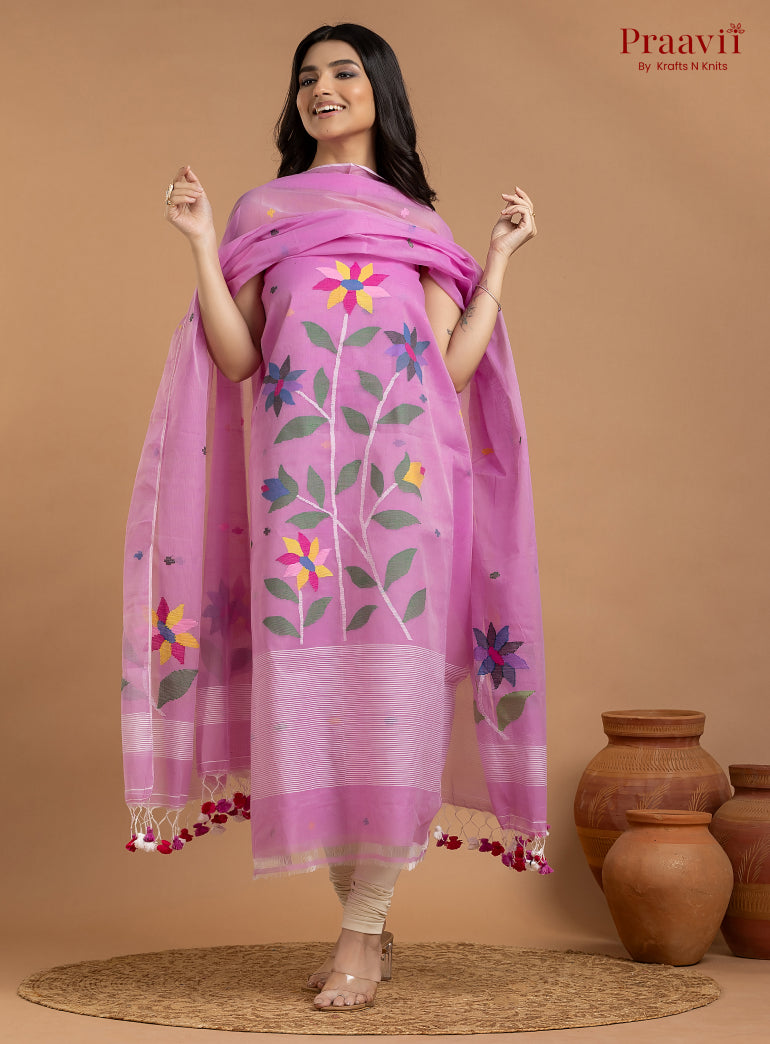 Fuchsia Pink Unstitched Muslin Jamdani 2-Piece Suit Set