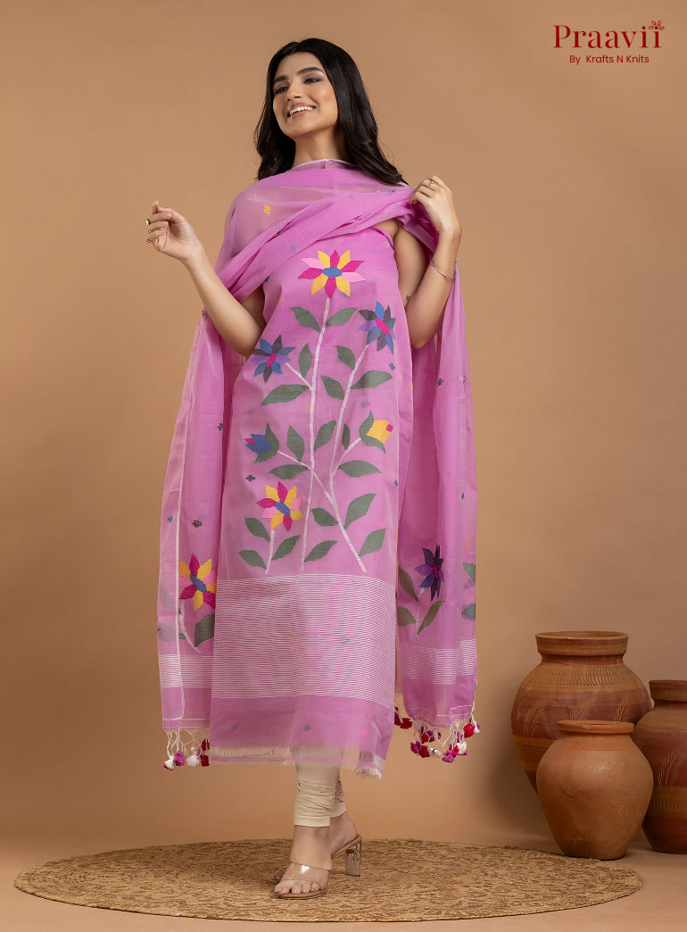 Fuchsia Pink Unstitched Muslin Jamdani 2-Piece Suit Set