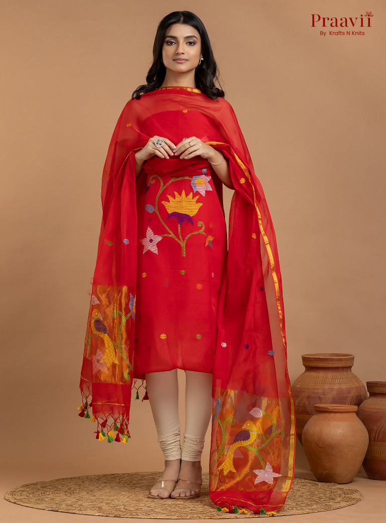Red Unstitched Muslin Jamdani 2-Piece Suit Set