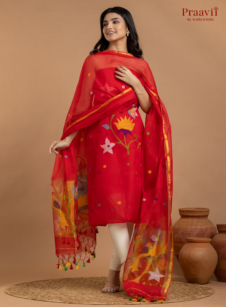 Red Unstitched Muslin Jamdani 2-Piece Suit Set