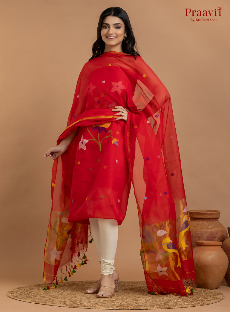 Red Unstitched Muslin Jamdani 2-Piece Suit Set