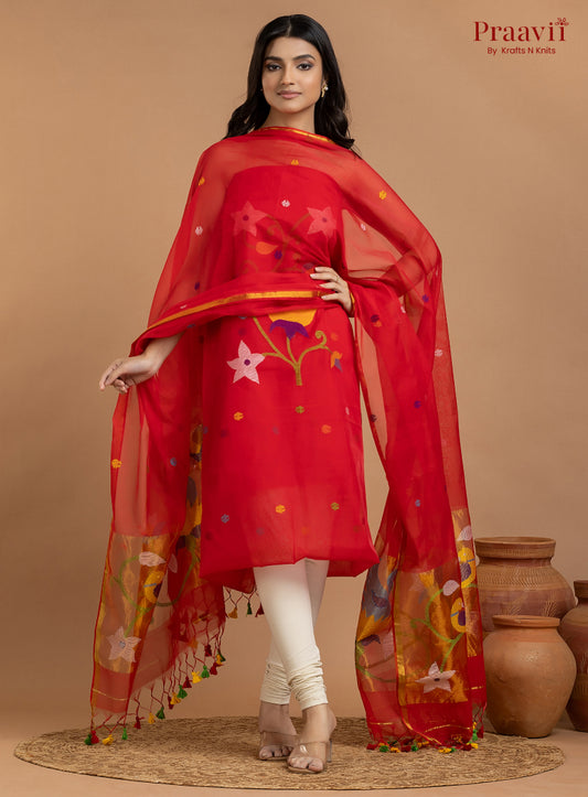 Red Unstitched Muslin Jamdani 2-Piece Suit Set