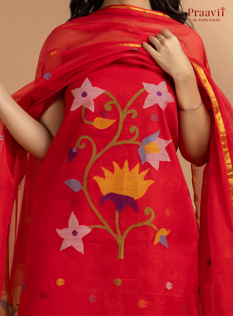 Red Unstitched Muslin Jamdani 2-Piece Suit Set