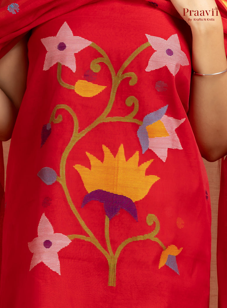 Red Unstitched Muslin Jamdani 2-Piece Suit Set