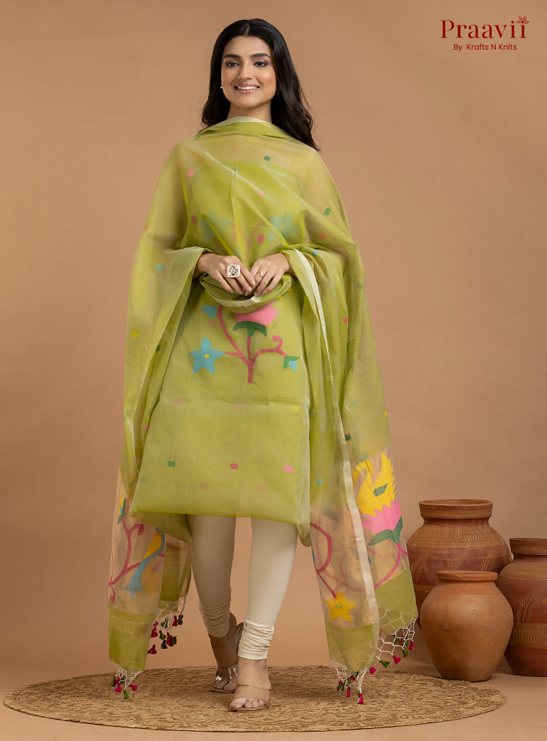 Olive Green Unstitched Muslin Jamdani 2-Piece Suit Set