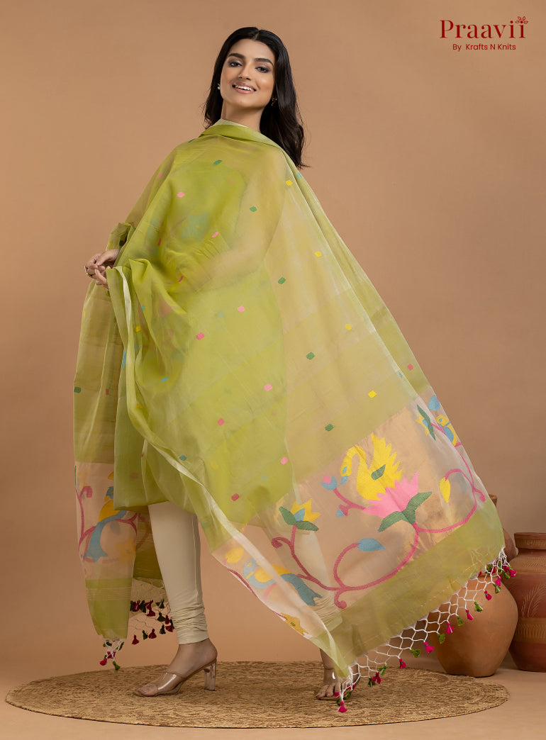 Olive Green Unstitched Muslin Jamdani 2-Piece Suit Set