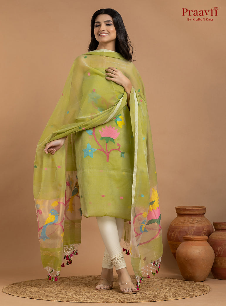 Olive Green Unstitched Muslin Jamdani 2-Piece Suit Set