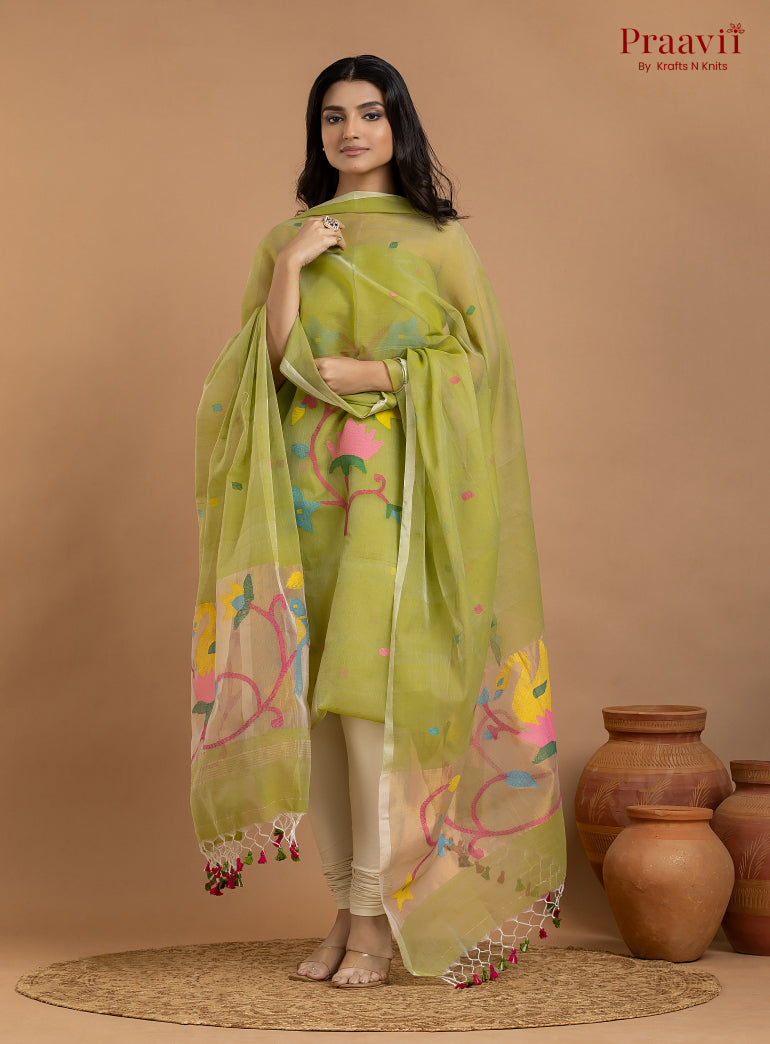 Olive Green Unstitched Muslin Jamdani 2-Piece Suit Set