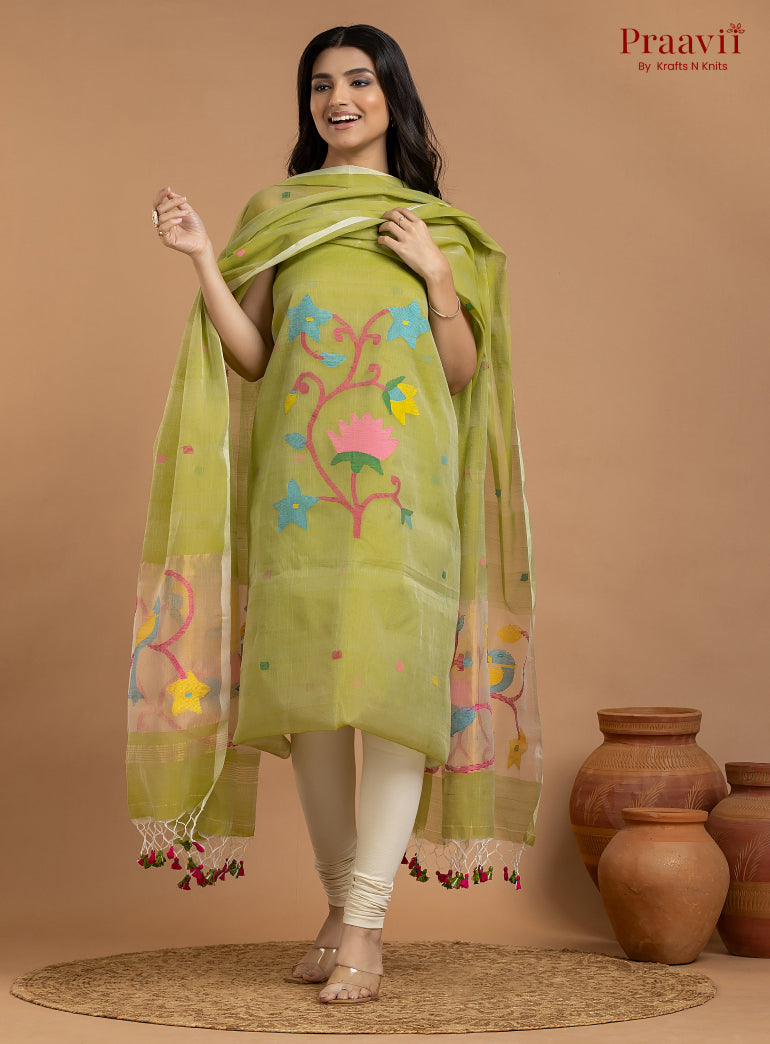 Olive Green Unstitched Muslin Jamdani 2-Piece Suit Set