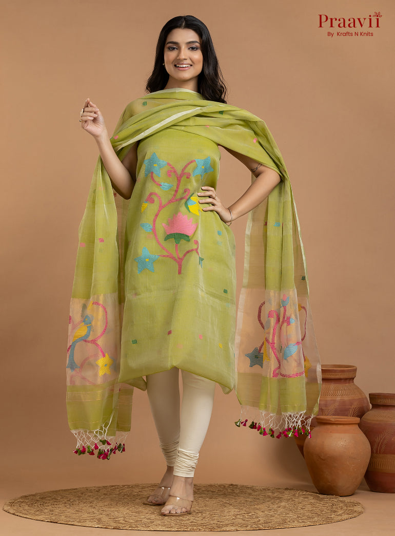 Olive Green Unstitched Muslin Jamdani 2-Piece Suit Set