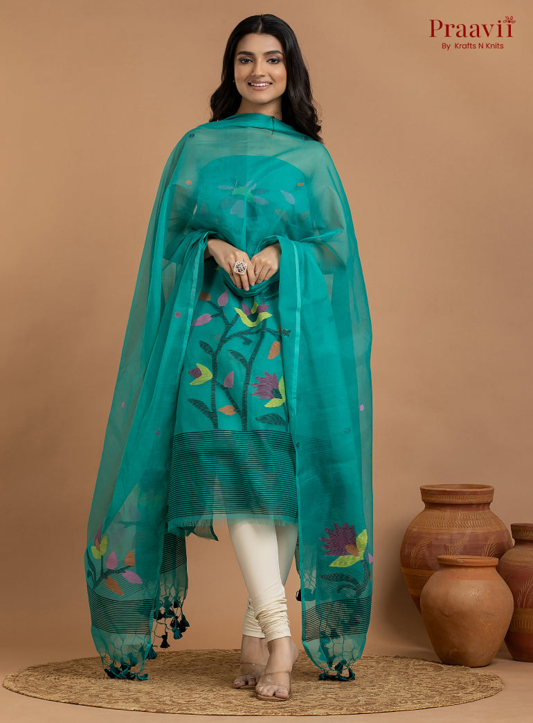 Sea Green Unstitched Muslin Jamdani 2-Piece Suit Set