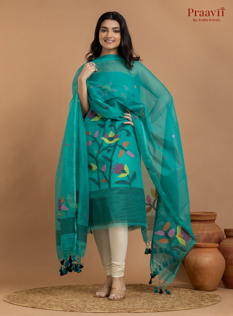 Sea Green Unstitched Muslin Jamdani 2-Piece Suit Set