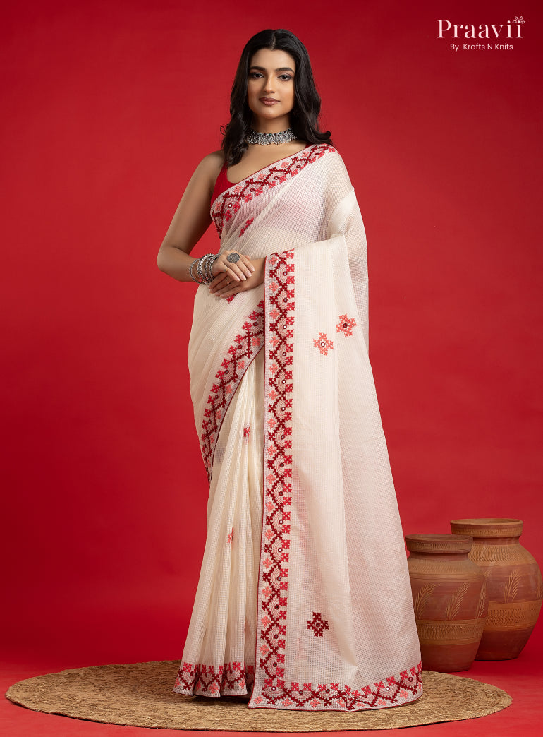 White Kota Saree with Kutch Hand Work