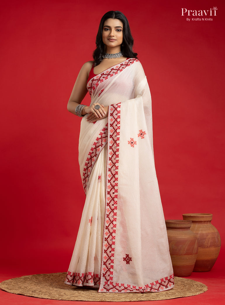 White Kota Saree with Kutch Hand Work