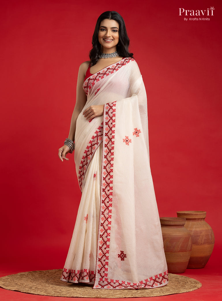 White Kota Saree with Kutch Hand Work