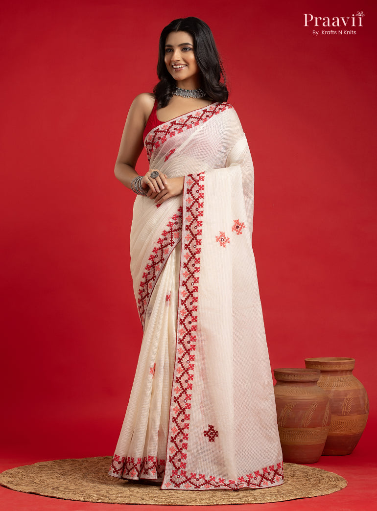 White Kota Saree with Kutch Hand Work