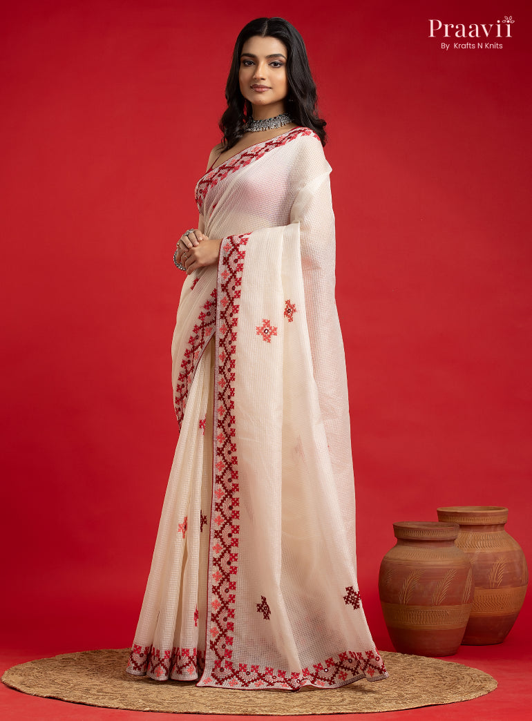 White Kota Saree with Kutch Hand Work