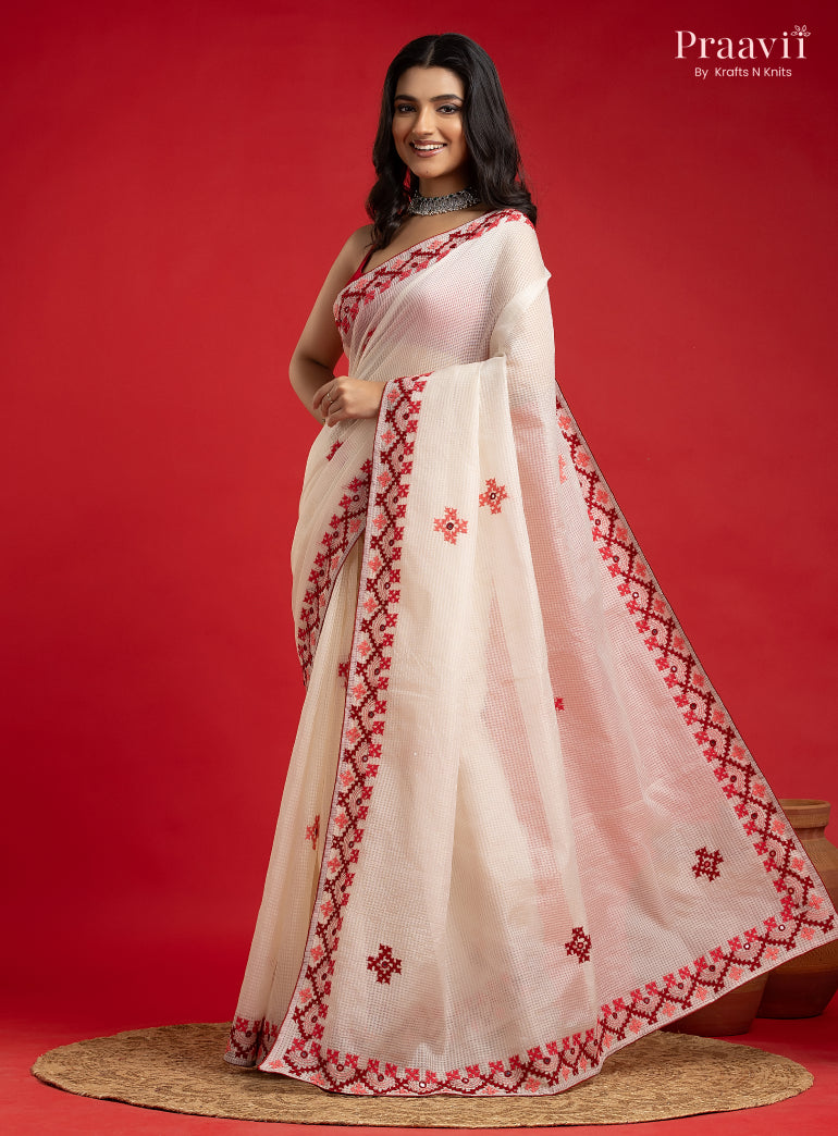 White Kota Saree with Kutch Hand Work