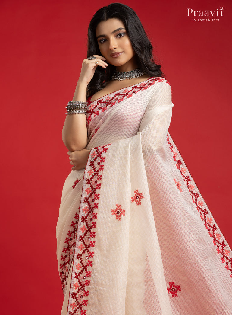 White Kota Saree with Kutch Hand Work