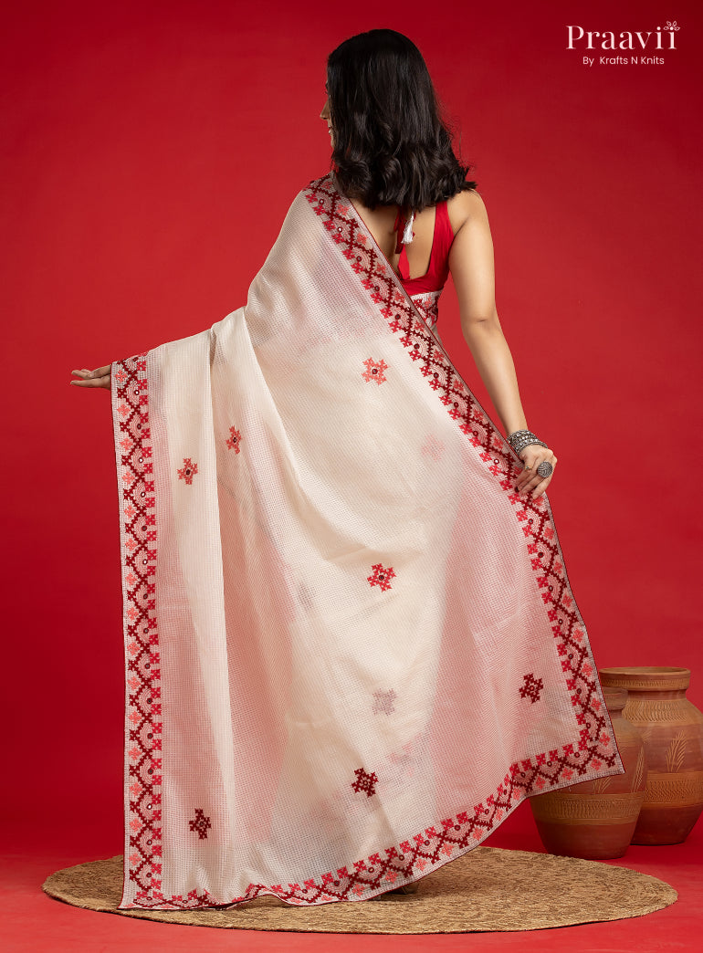 White Kota Saree with Kutch Hand Work
