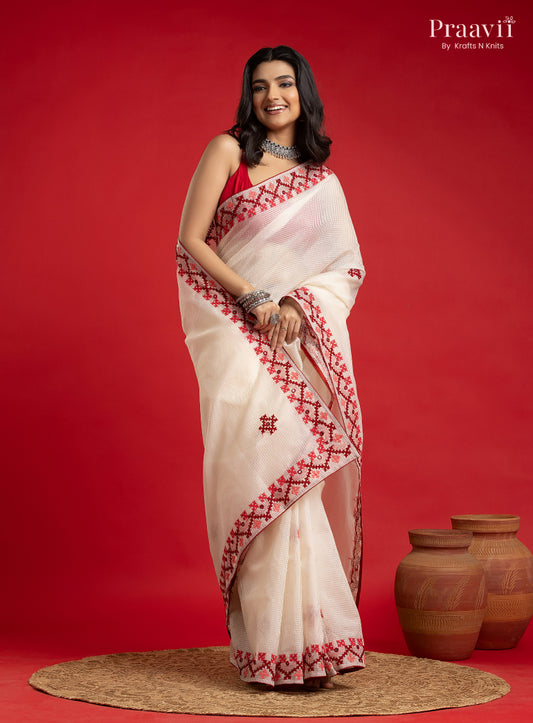 White Kota Saree with Kutch Hand Work