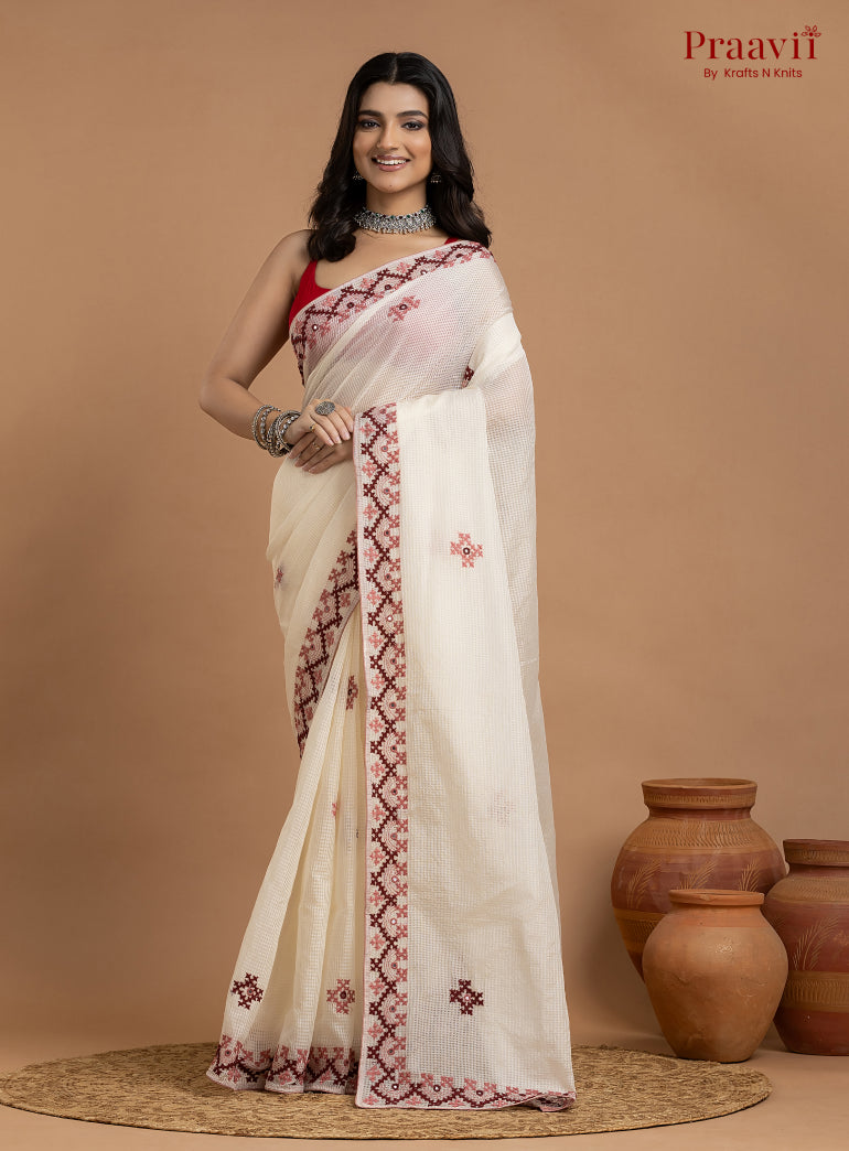 White Kota Saree with Kutch Hand Work