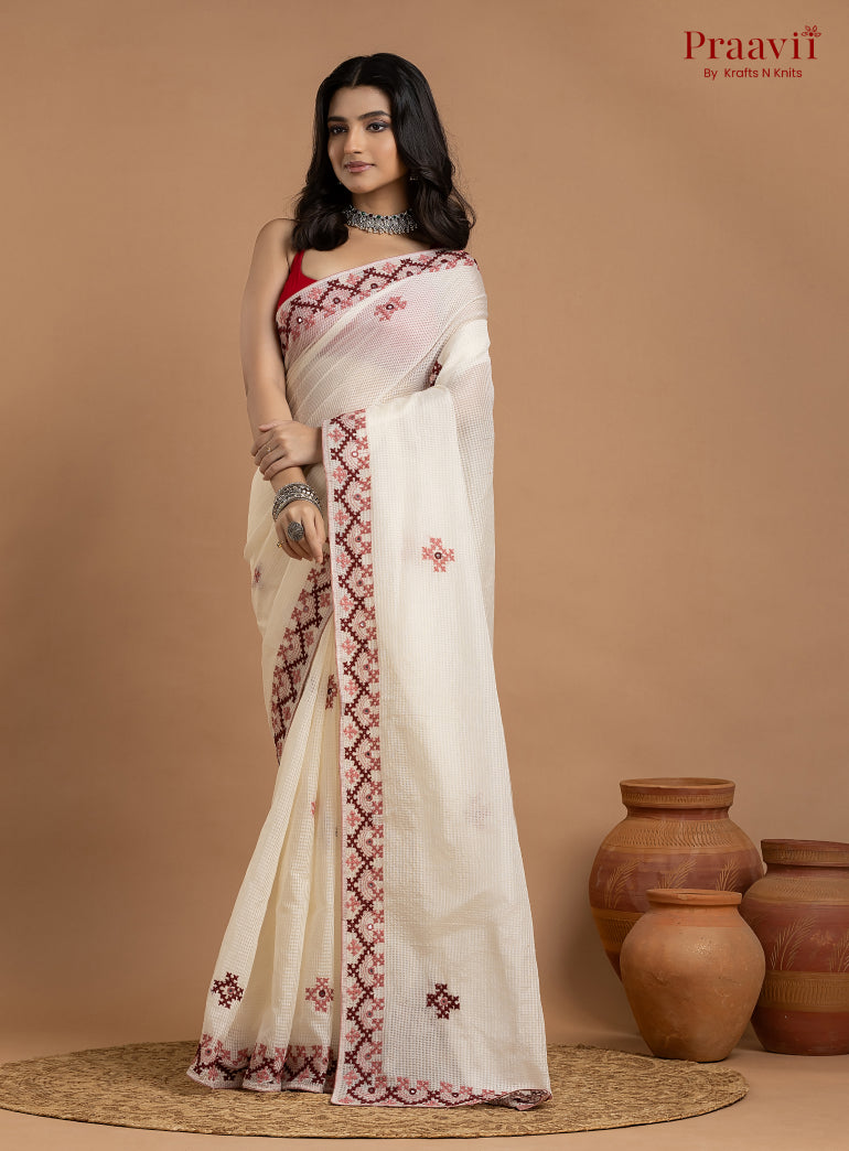 White Kota Saree with Kutch Hand Work