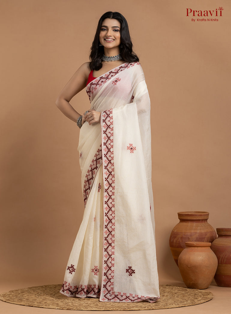 White Kota Saree with Kutch Hand Work