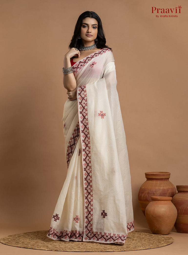 White Kota Saree with Kutch Hand Work