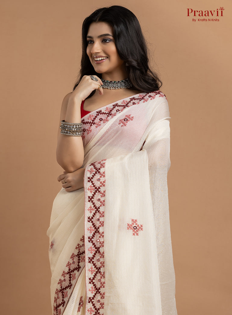 White Kota Saree with Kutch Hand Work