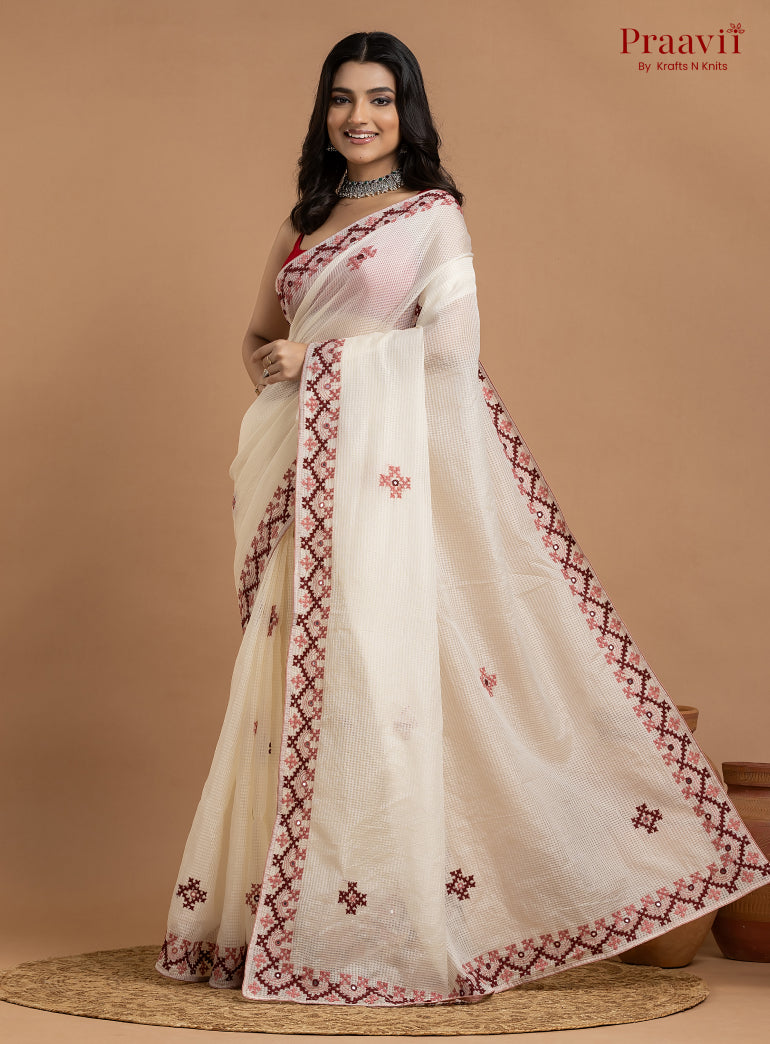 White Kota Saree with Kutch Hand Work