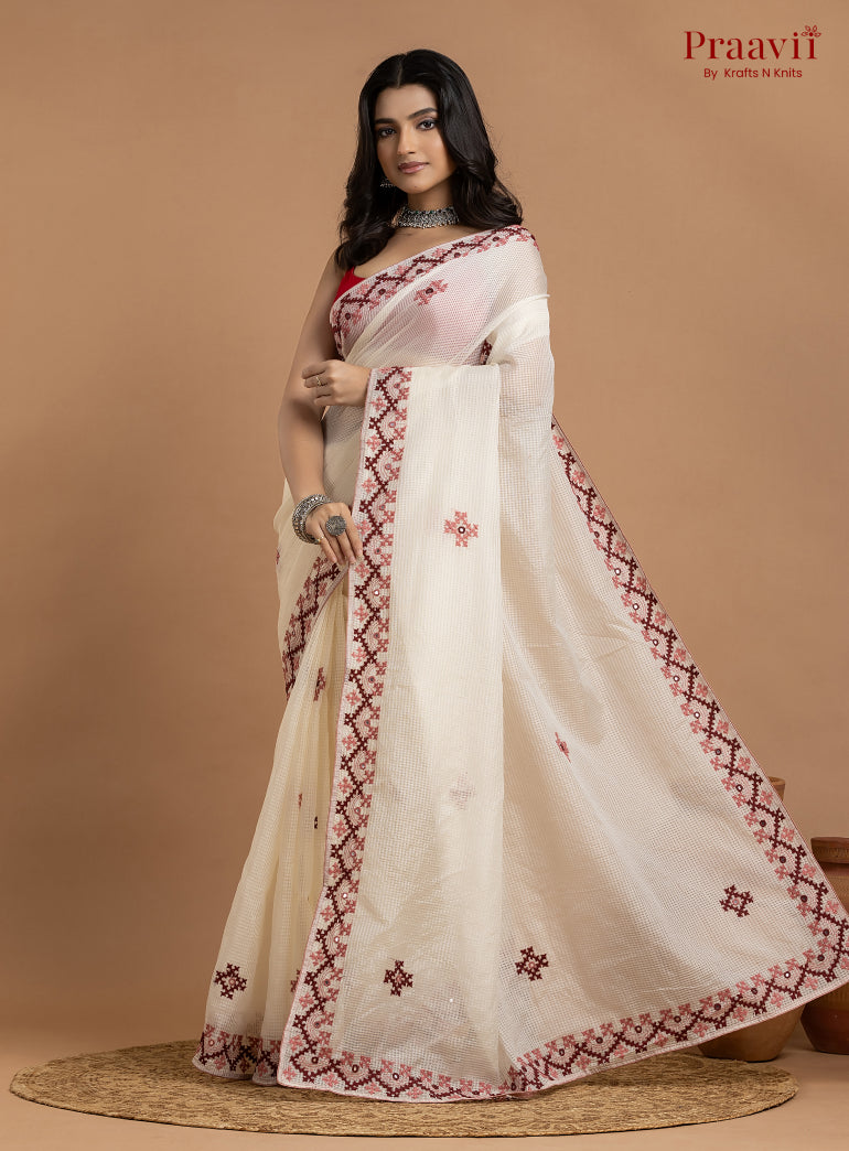White Kota Saree with Kutch Hand Work
