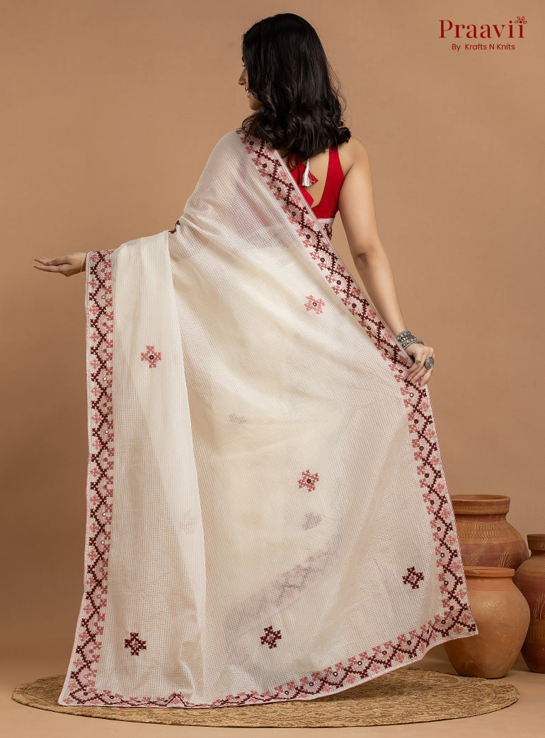 White Kota Saree with Kutch Hand Work