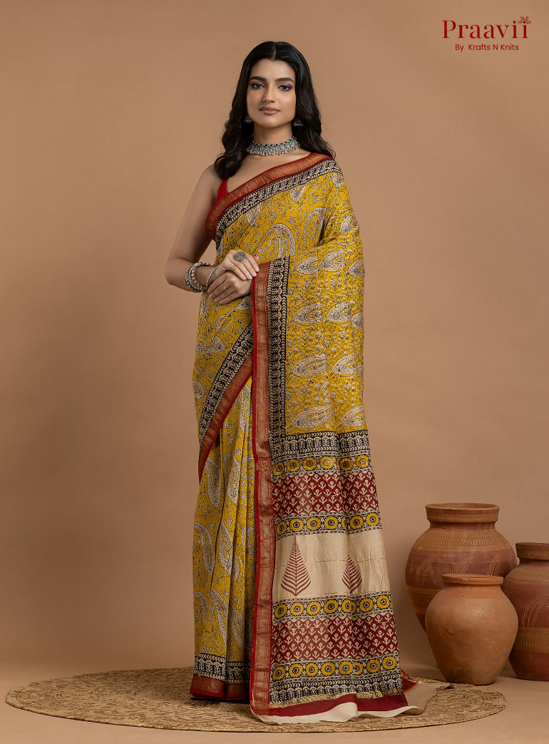 Mustard Yellow Maheshwari Silk by Cotton Hand Block Print Saree