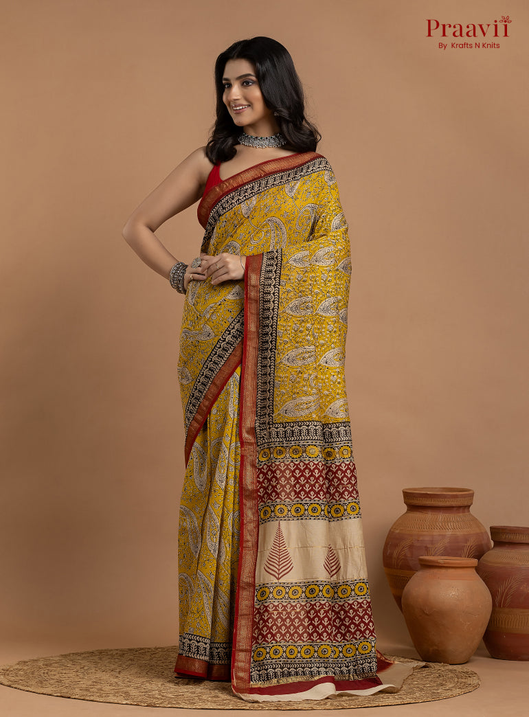 Mustard Yellow Maheshwari Silk by Cotton Hand Block Print Saree