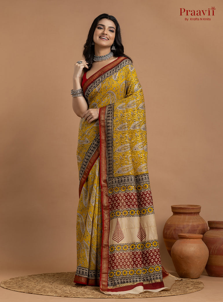 Mustard Yellow Maheshwari Silk by Cotton Hand Block Print Saree