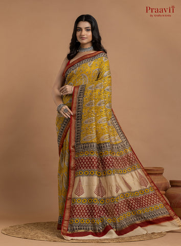 Mustard Yellow Maheshwari Silk by Cotton Hand Block Print Saree