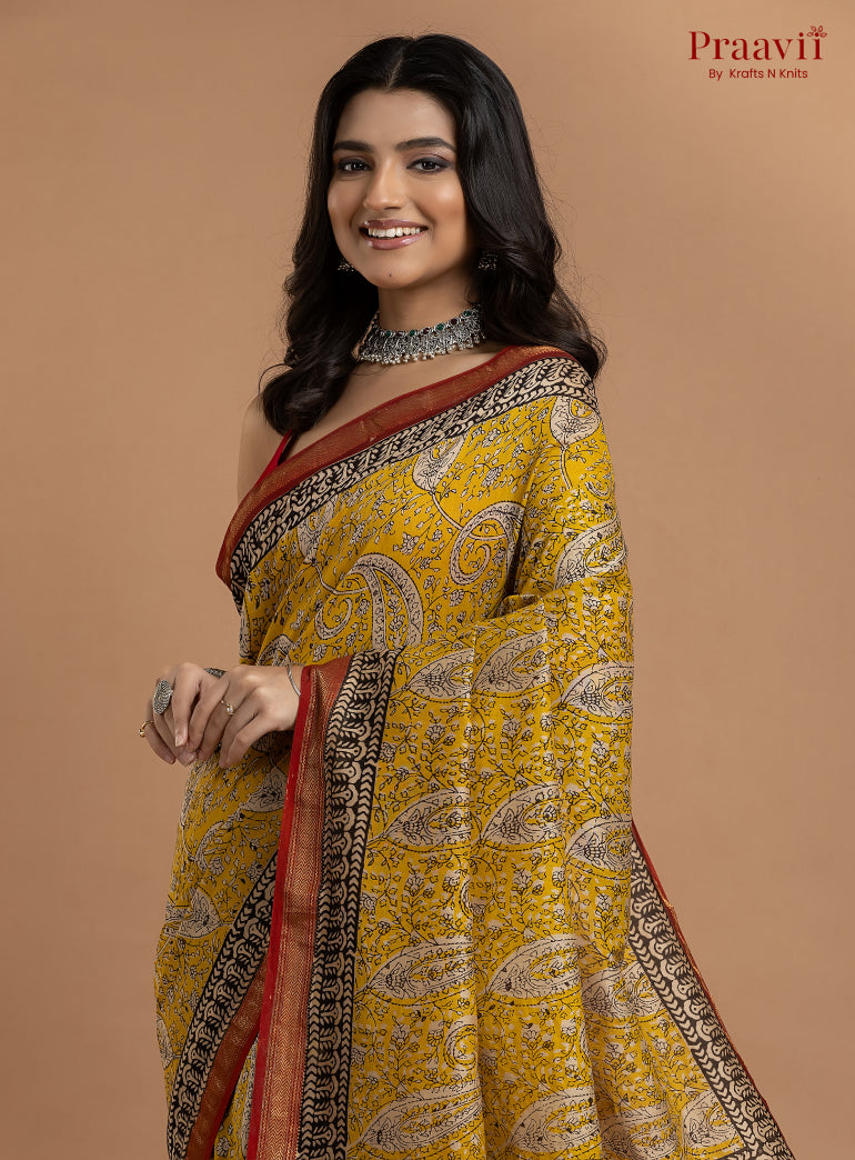 Mustard Yellow Maheshwari Silk by Cotton Hand Block Print Saree