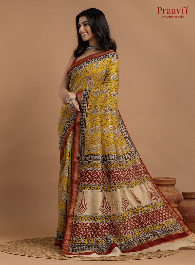 Mustard Yellow Maheshwari Silk by Cotton Hand Block Print Saree