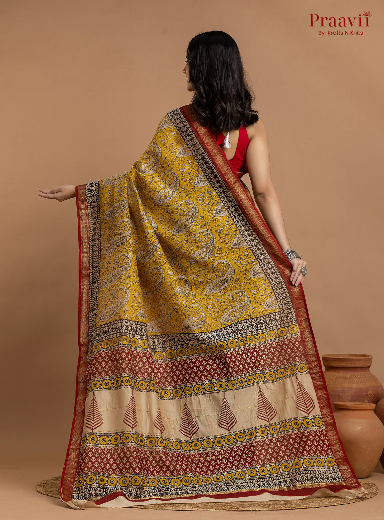 Mustard Yellow Maheshwari Silk by Cotton Hand Block Print Saree
