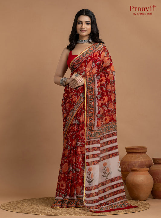 Red Pure Chiffon Hand Block Print Saree