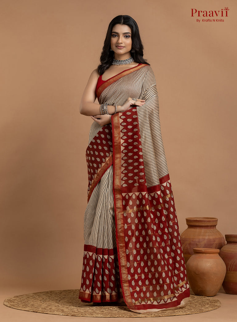 Grey & Maroon Maheshwari Silk by Cotton Hand Block Print Saree