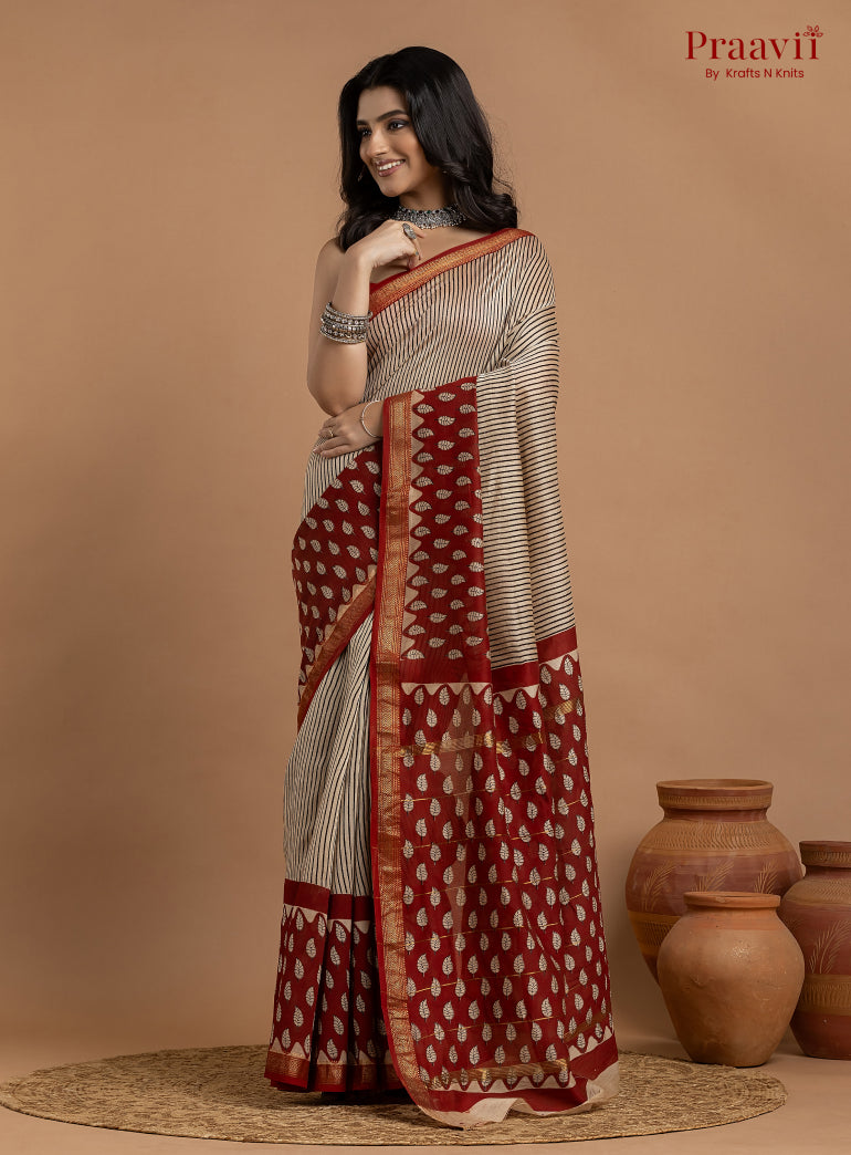 Grey & Maroon Maheshwari Silk by Cotton Hand Block Print Saree