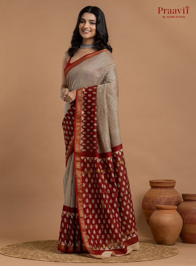 Grey & Maroon Maheshwari Silk by Cotton Hand Block Print Saree