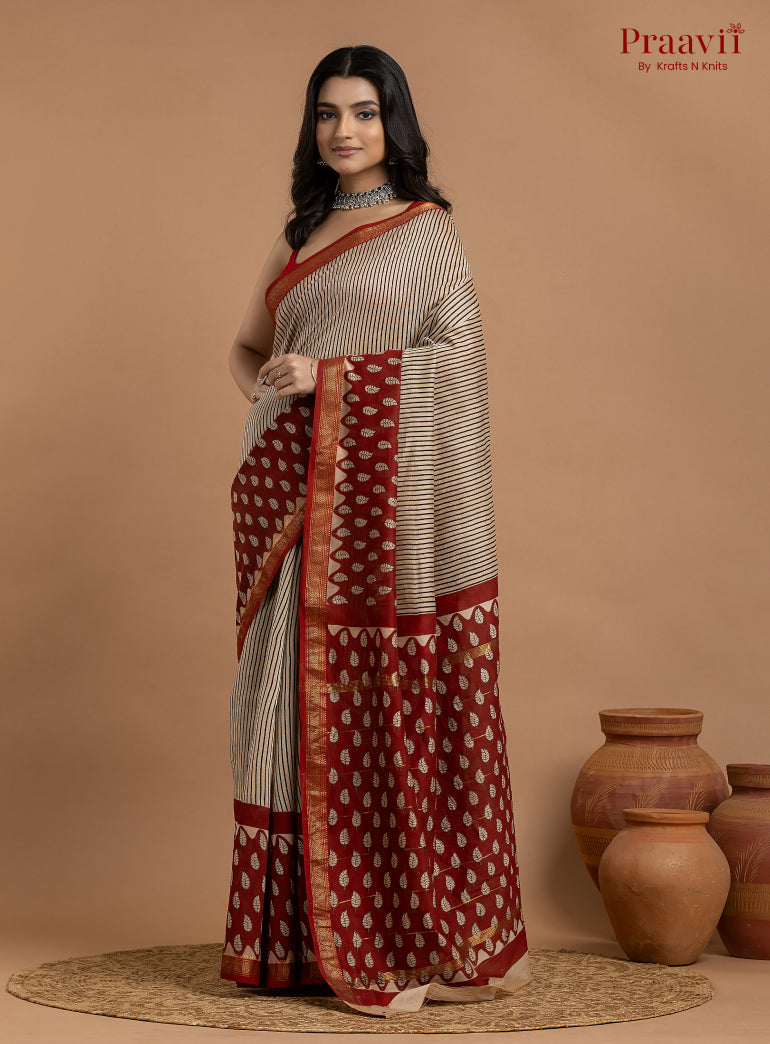 Grey & Maroon Maheshwari Silk by Cotton Hand Block Print Saree