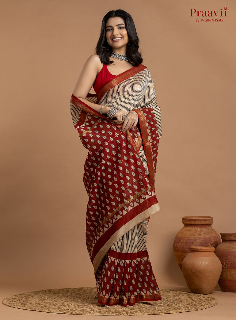 Grey & Maroon Maheshwari Silk by Cotton Hand Block Print Saree